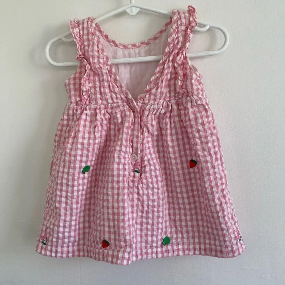 Baby Boden Pink Gingham Fruits Embroidered Dress
